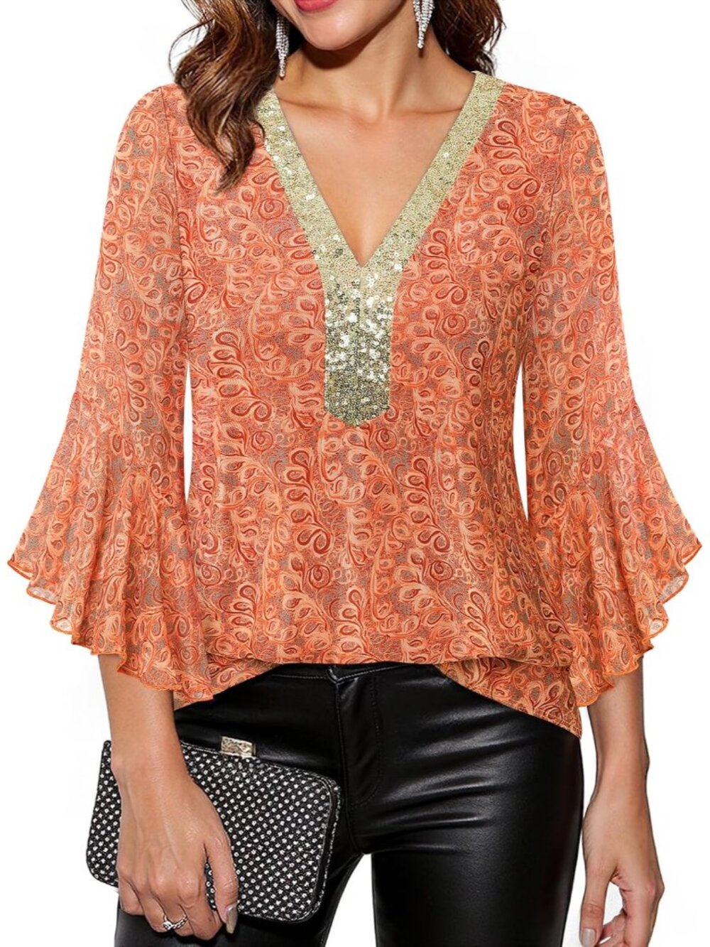 Women's Ruffle 3/4 Sleeve Sparkly Tops Sequin V Neck Blouses Dressy Fall Shirts - Picture 5 of 7
